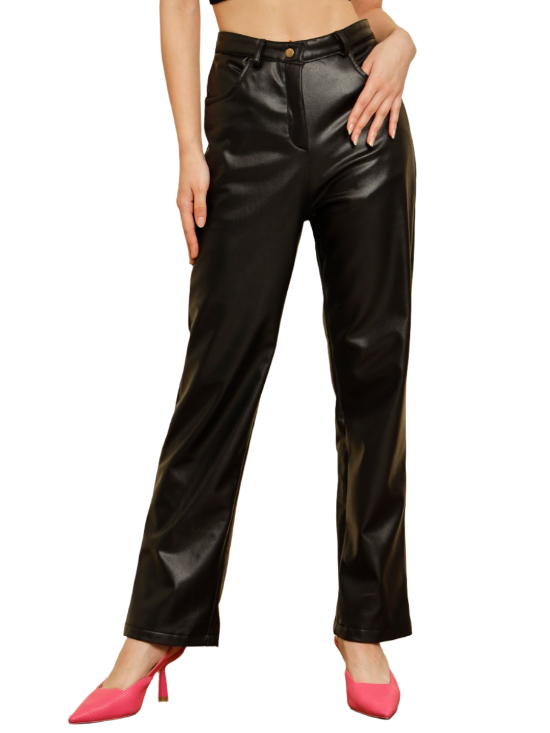 Stacked Flame Women Regular Fit Black Faux Leather Trousers