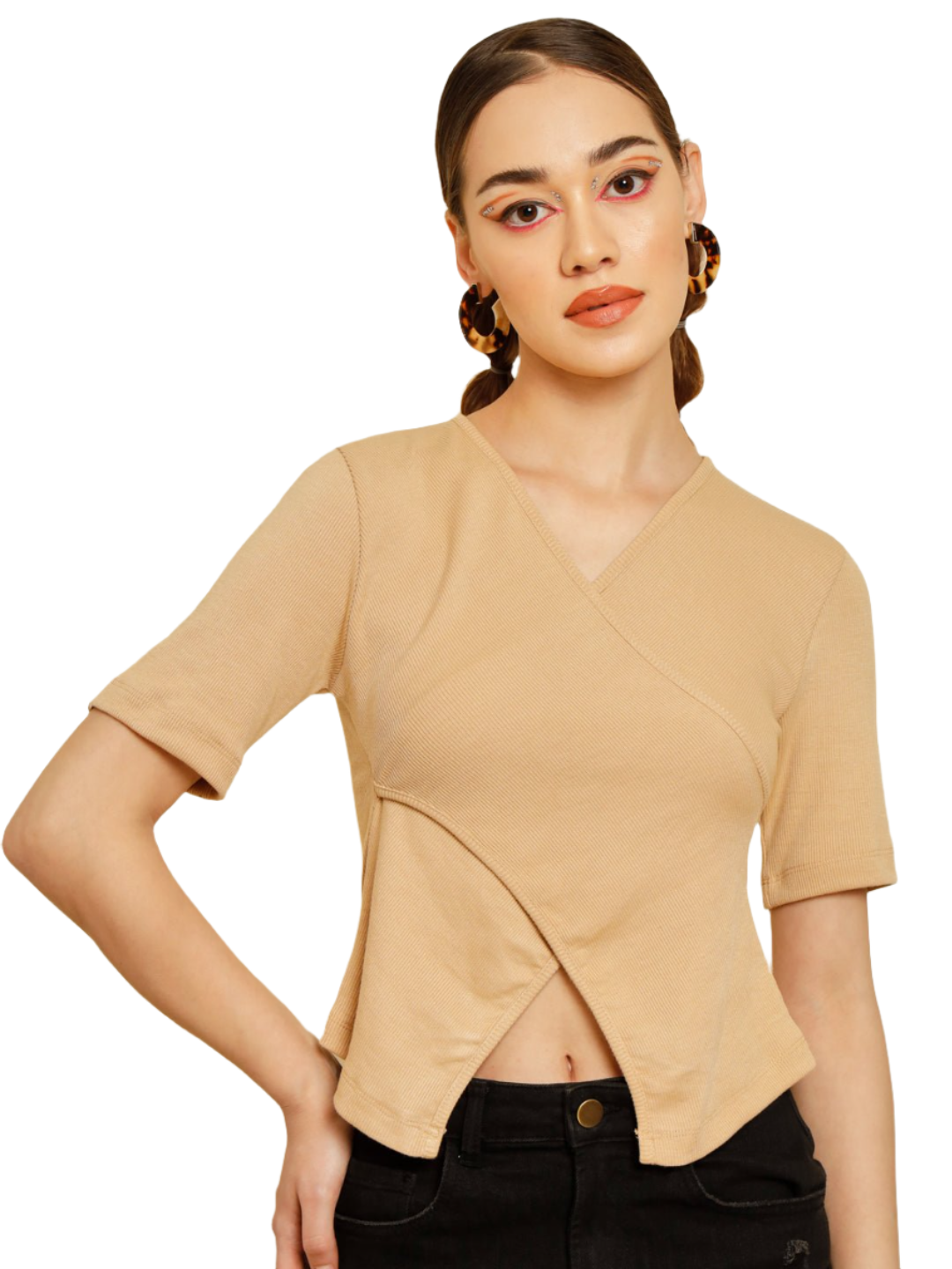 Stacked Flame Casual Regular Sleeves Solid Women Beige Top