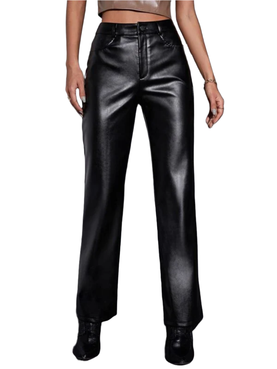 Stacked Flame Women Regular Fit Black Faux Leather Trousers