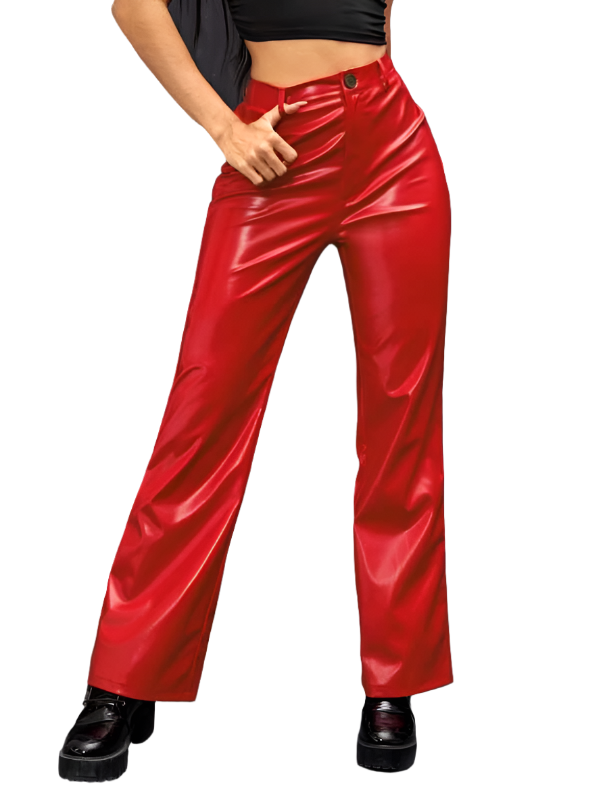 Stacked Flame Women Regular Fit Red Faux Leather Trousers
