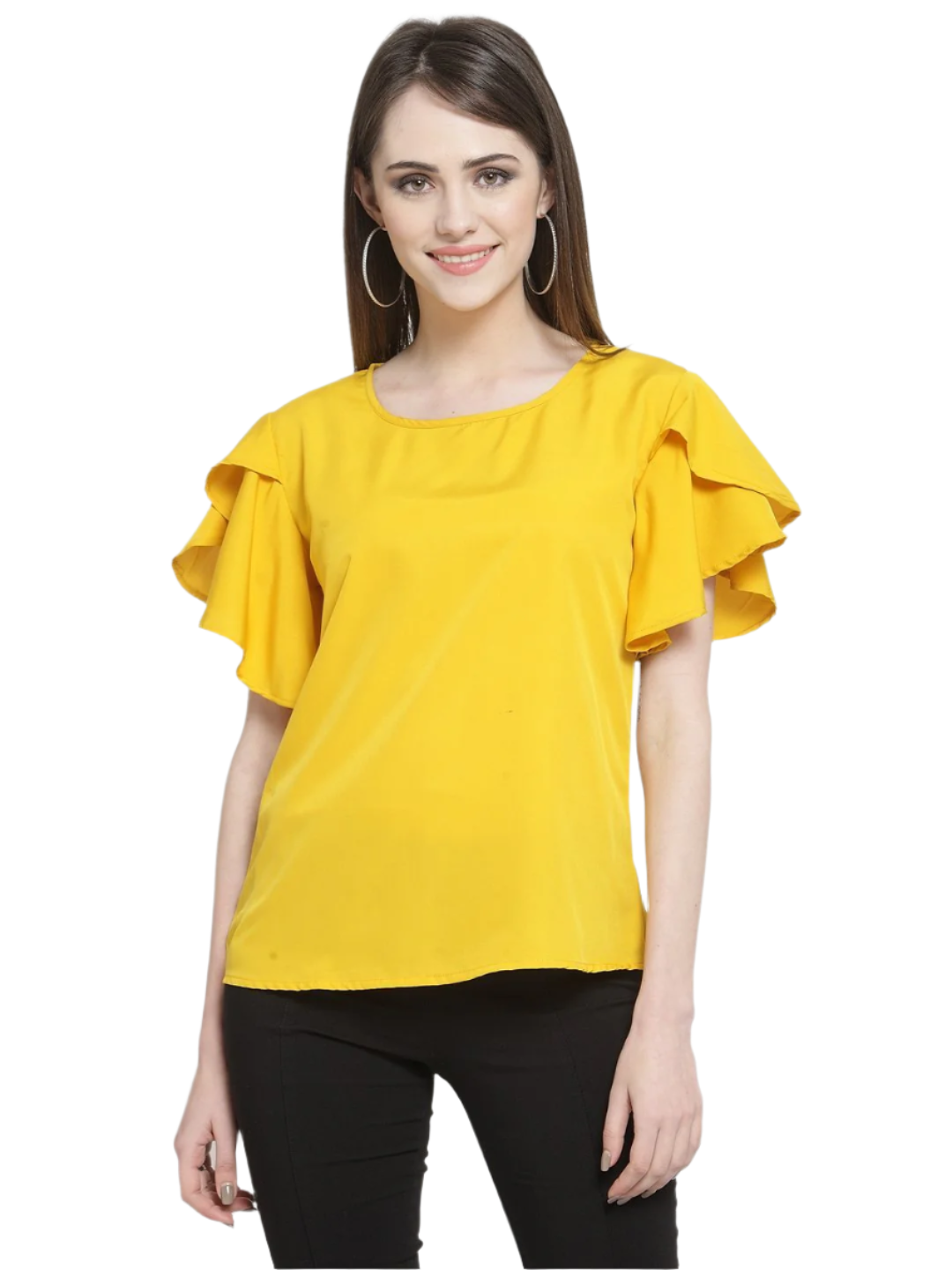 ZARVEY Casual Petal Sleeve Solid Women Yellow Top