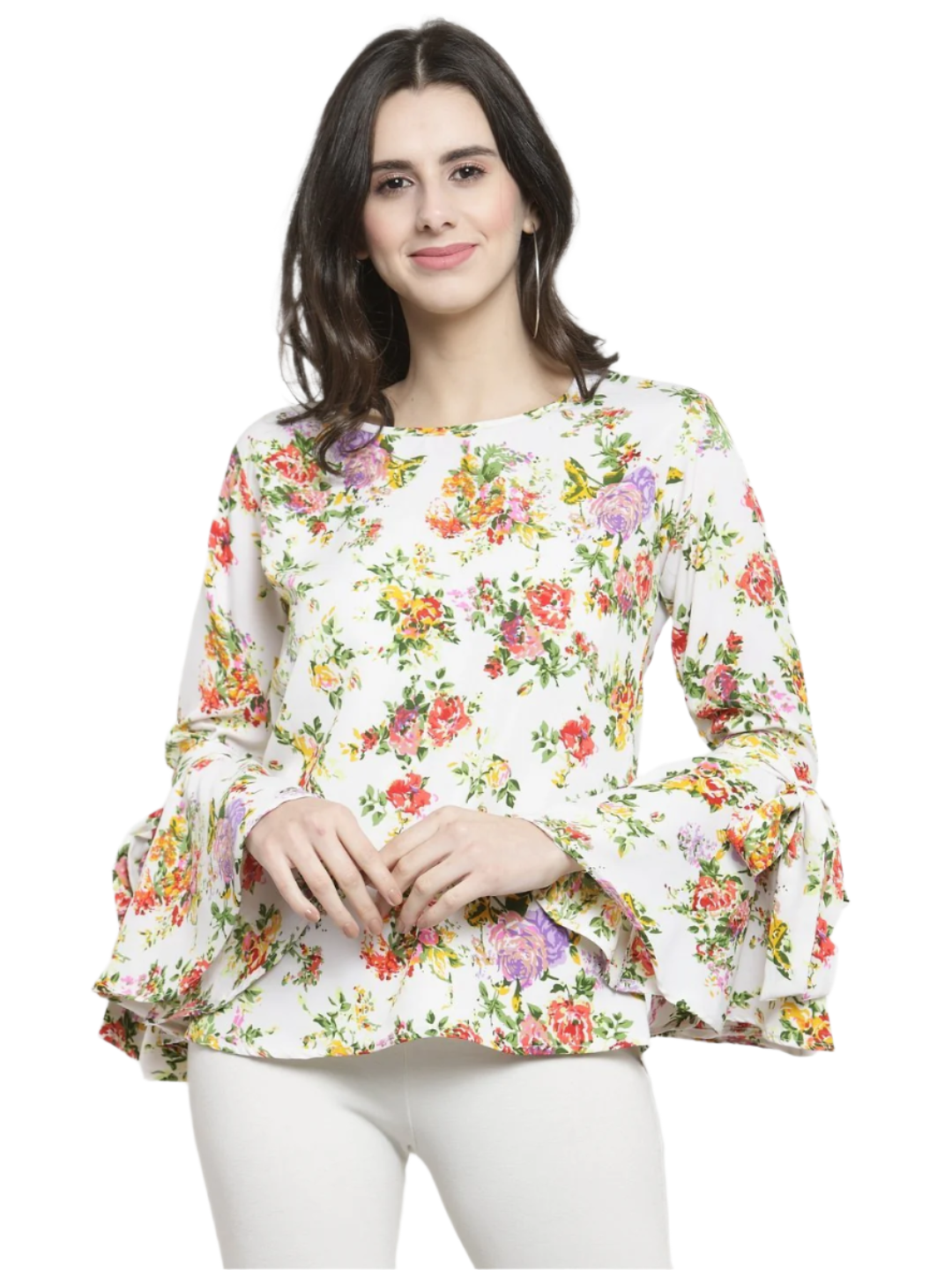 ZARVEY Casual Bell Sleeve Printed Women White Top