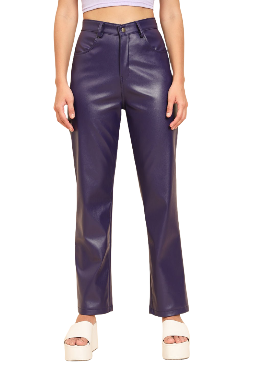 Stacked Flame Women Regular Fit Blue Faux Leather Trousers