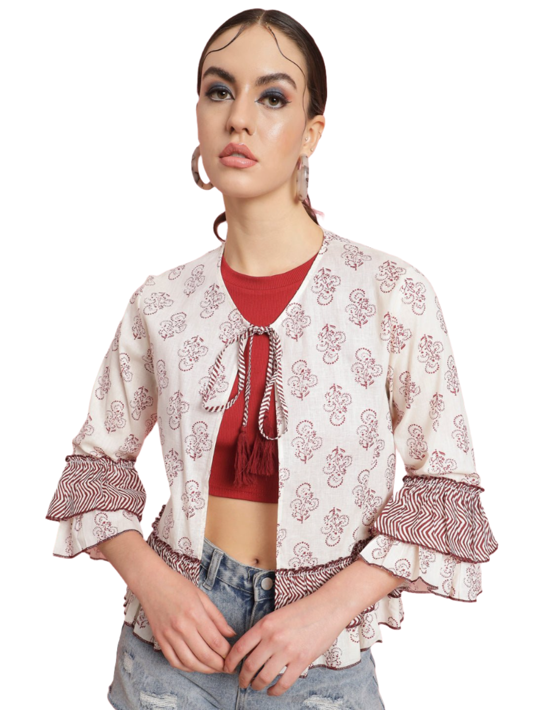 Casual Bell Sleeves Printed Women Multicolor Top