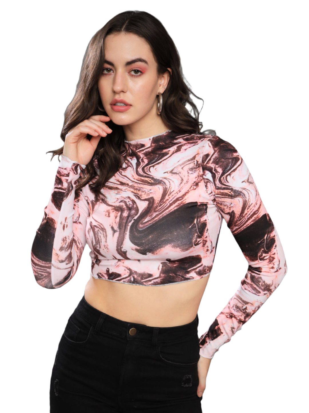 Stacked Flame Casual Full Sleeves Printed Women Multicolor Crop Top with Mandarin Collar