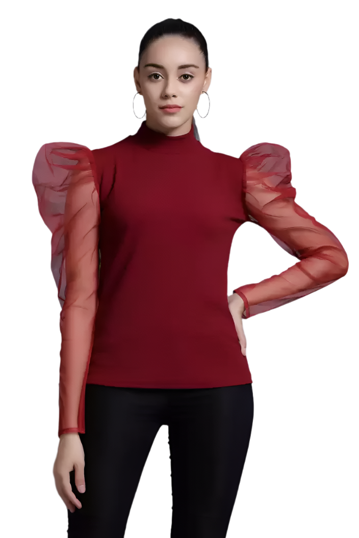 TANDUL Casual Puff Sleeves Solid Women Maroon Top