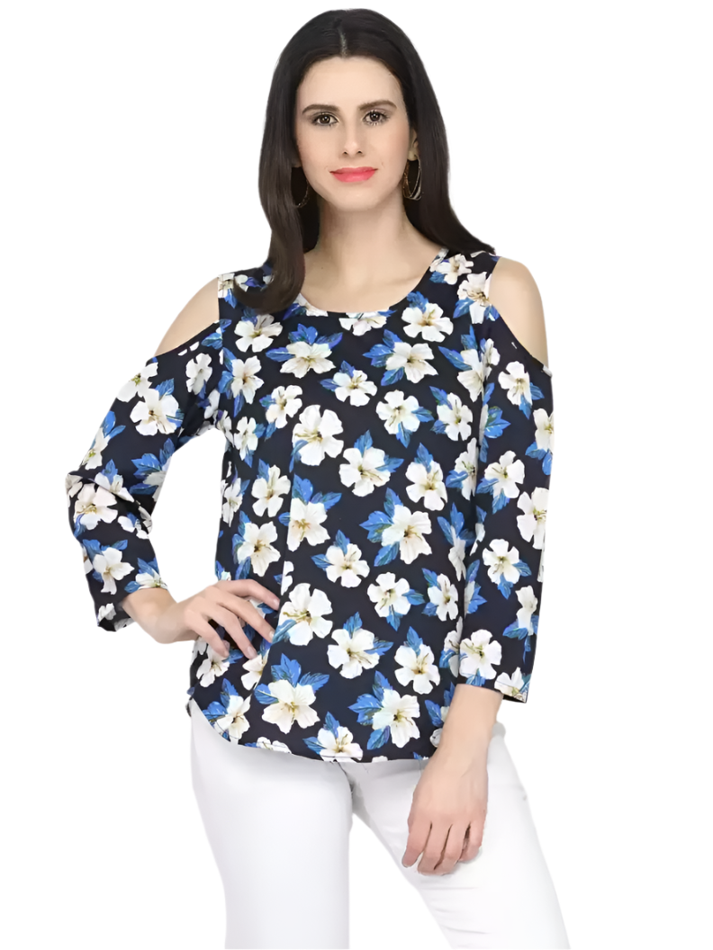 TANDUL Casual Cold Shoulder Sleeves Floral Print Women Black Top