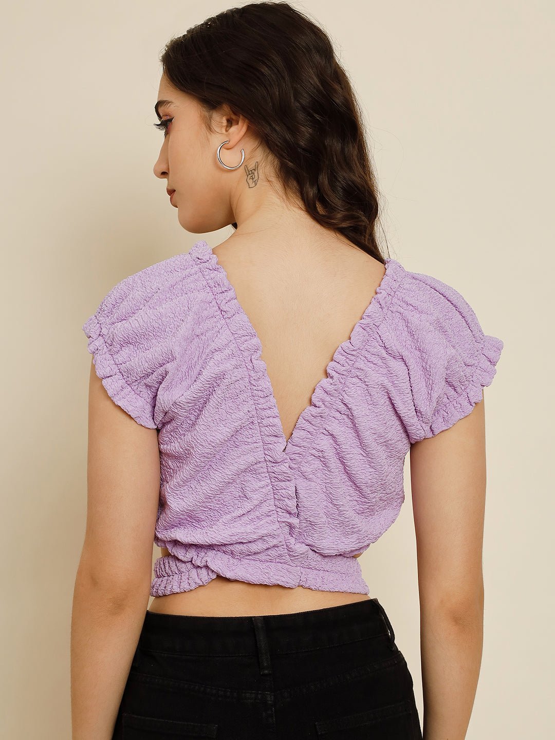 Stacked Flame Casual Solid Women Purple Top