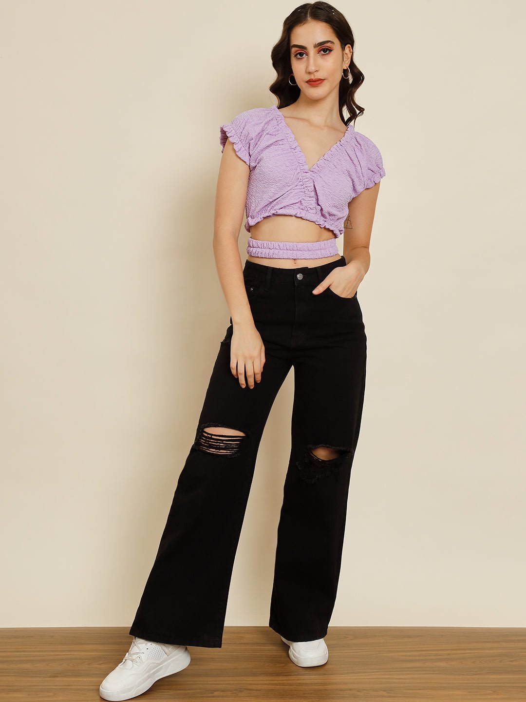 Stacked Flame Casual Solid Women Purple Top