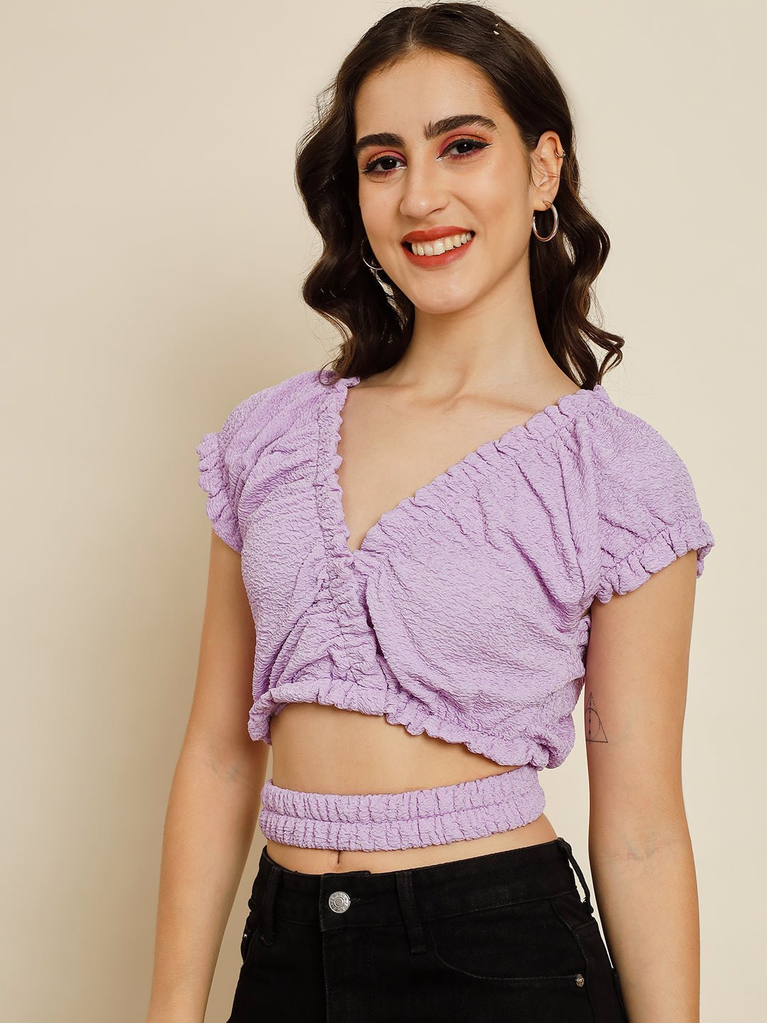 Stacked Flame Casual Solid Women Purple Top
