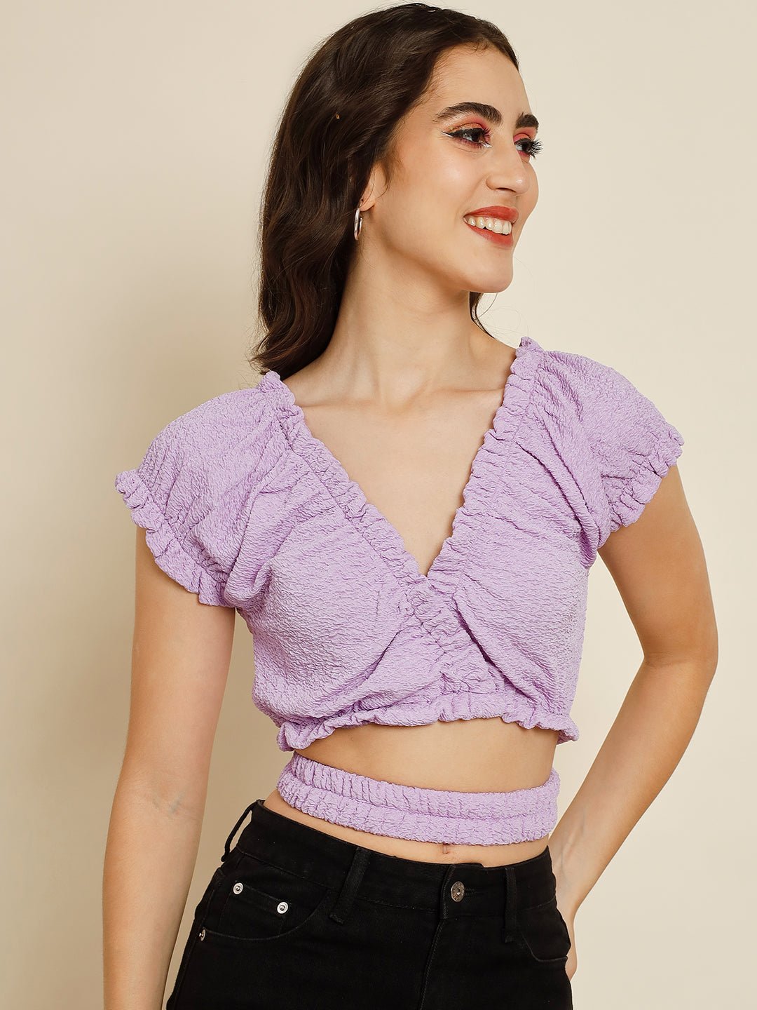 Stacked Flame Casual Solid Women Purple Top