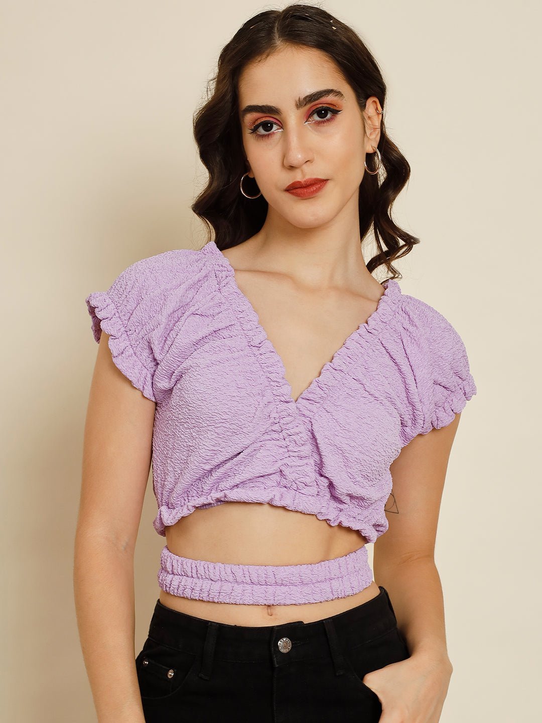 Stacked Flame Casual Solid Women Purple Top