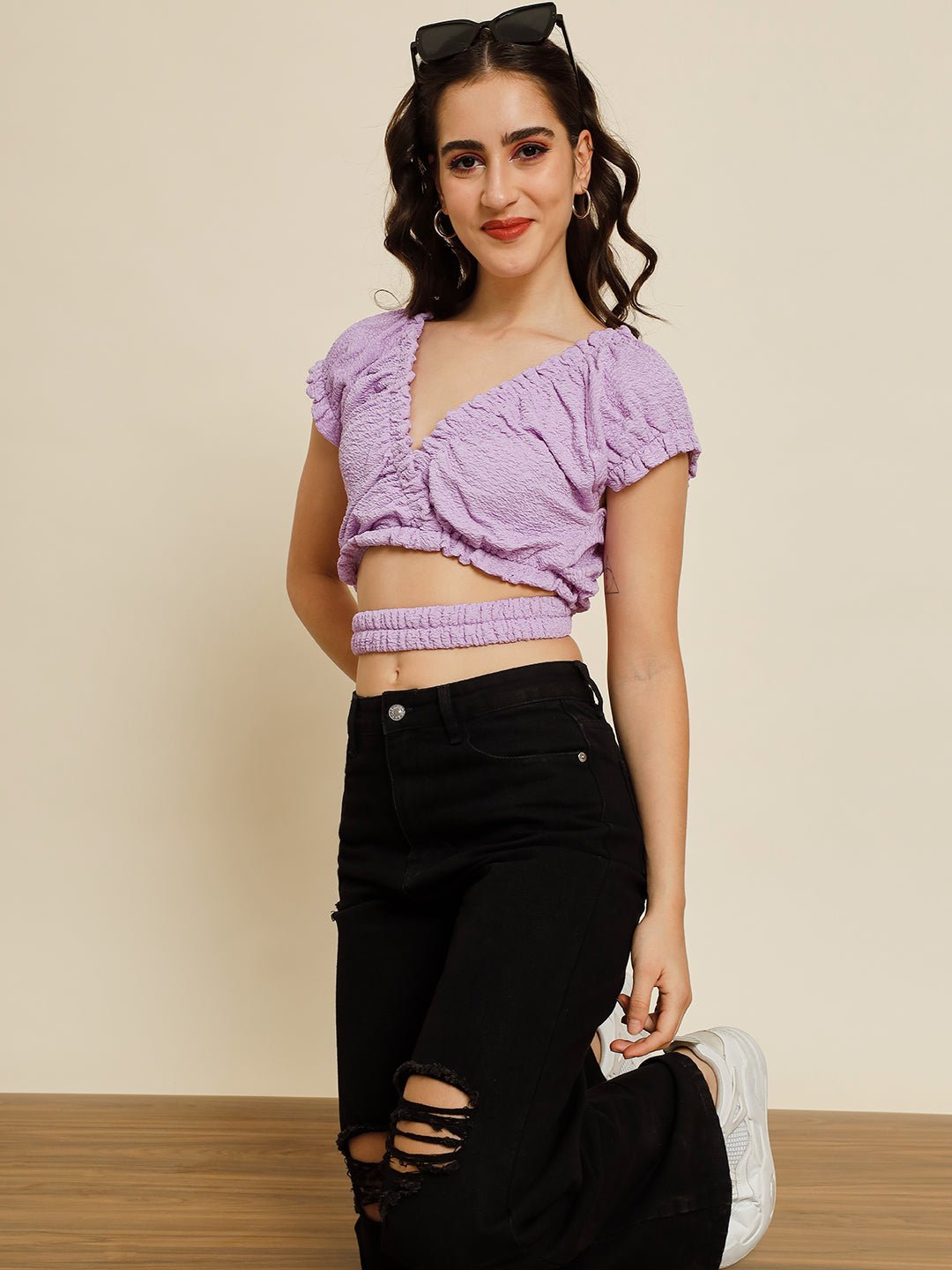Stacked Flame Casual Solid Women Purple Top