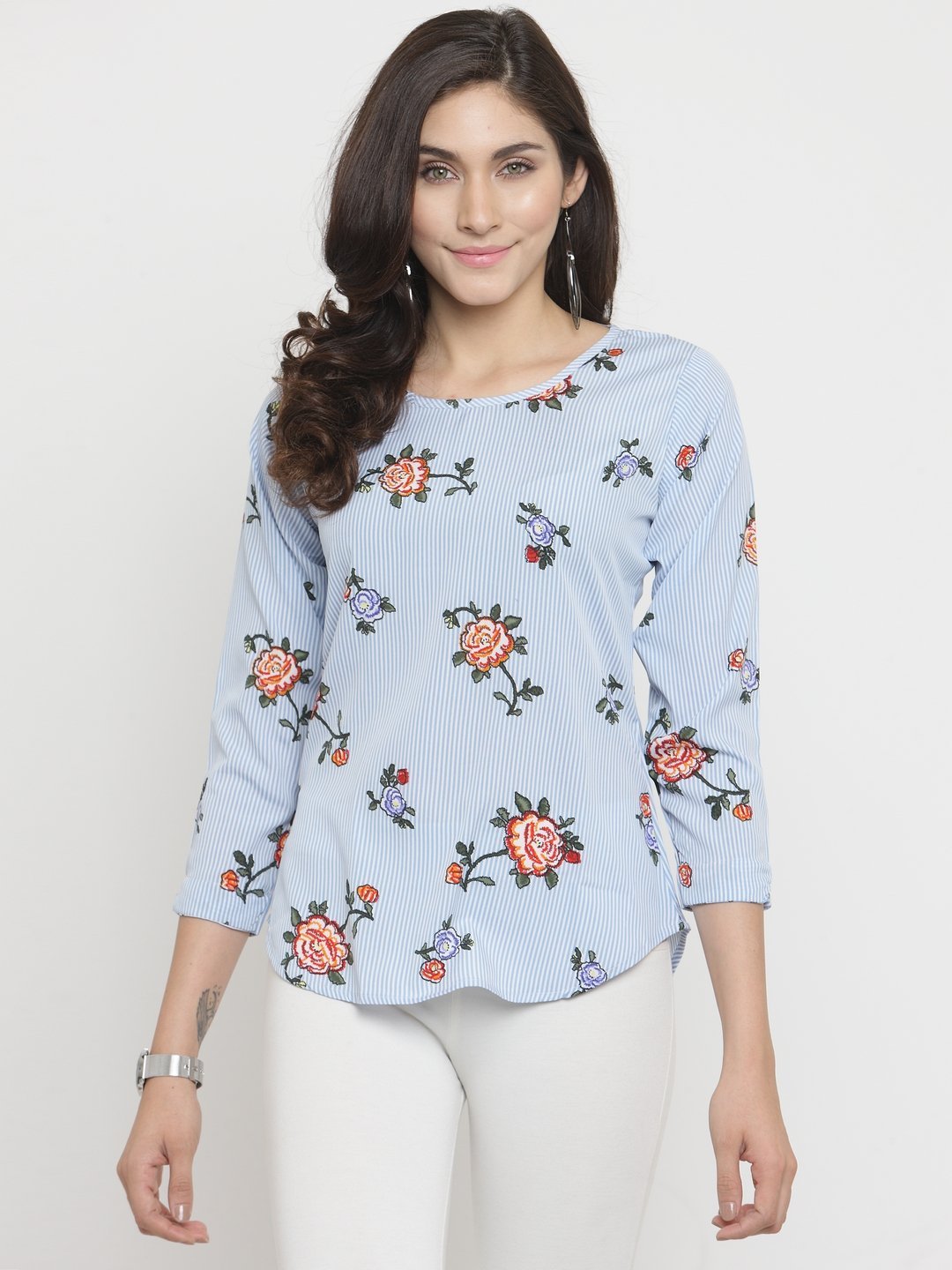 ZARVEY Casual 3/4 Sleeve Floral Print Women Multicolor Top