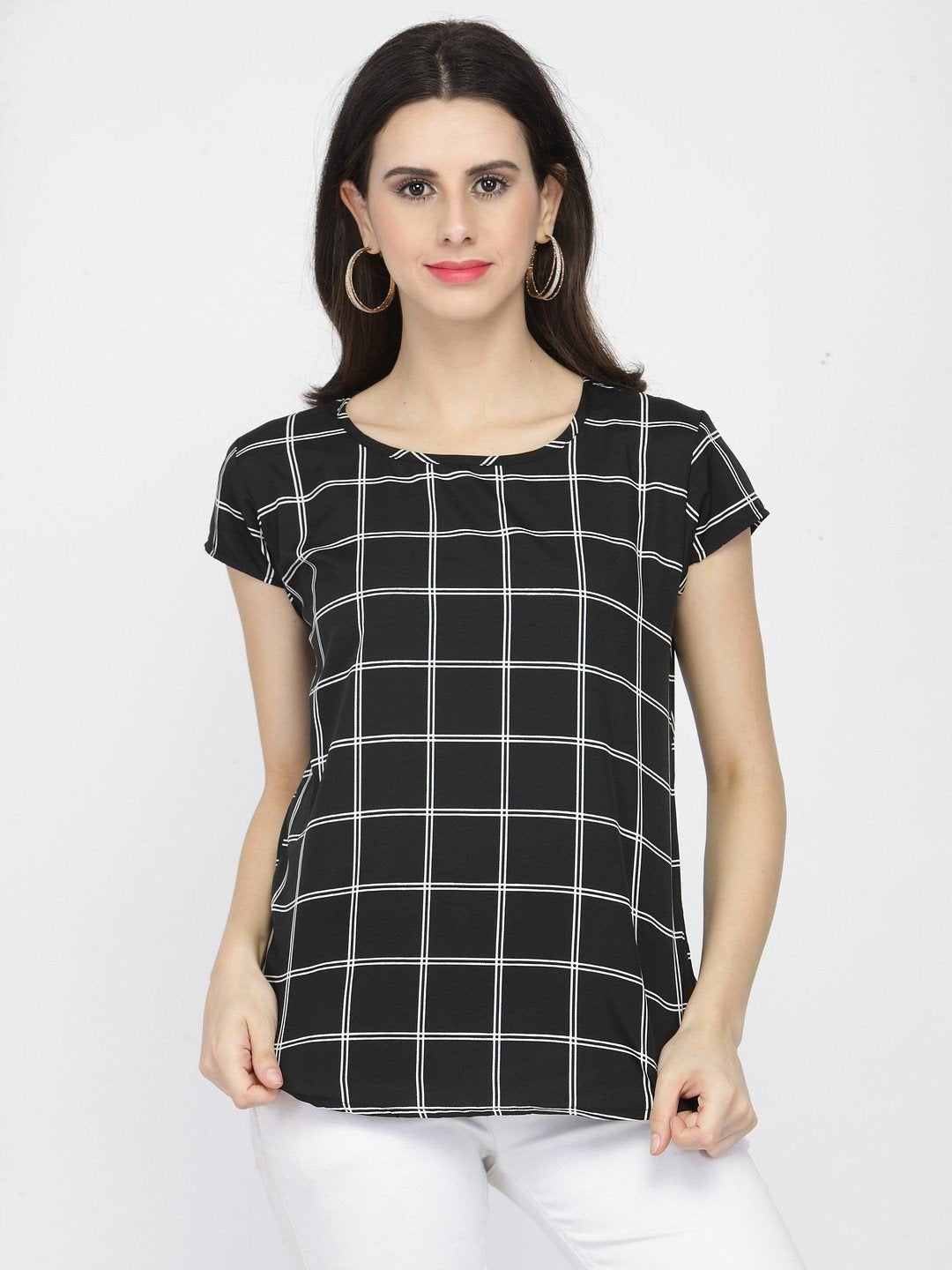 ZARVEY Casual Regular Sleeve Checkered Women Black Top