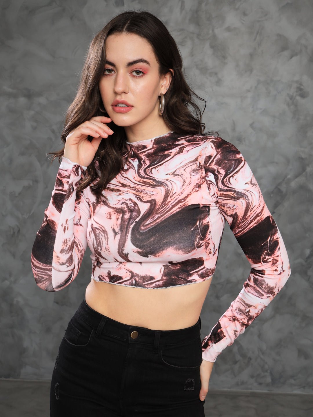 Stacked Flame Casual Full Sleeves Printed Women Multicolor Crop Top with Mandarin Collar