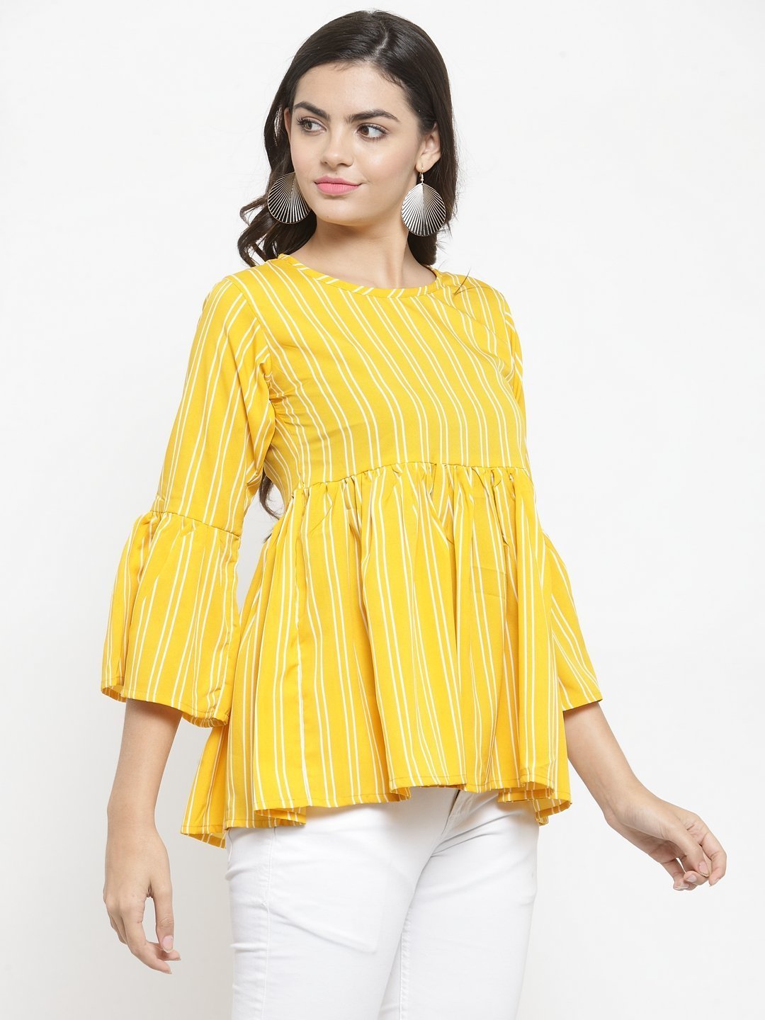 ZARVEY Casual Bell Sleeve Striped Women Yellow Top