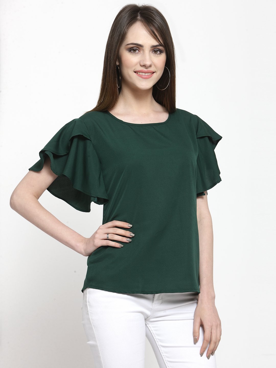 ZARVEY Casual Petal Sleeve Solid Women Dark Green Top