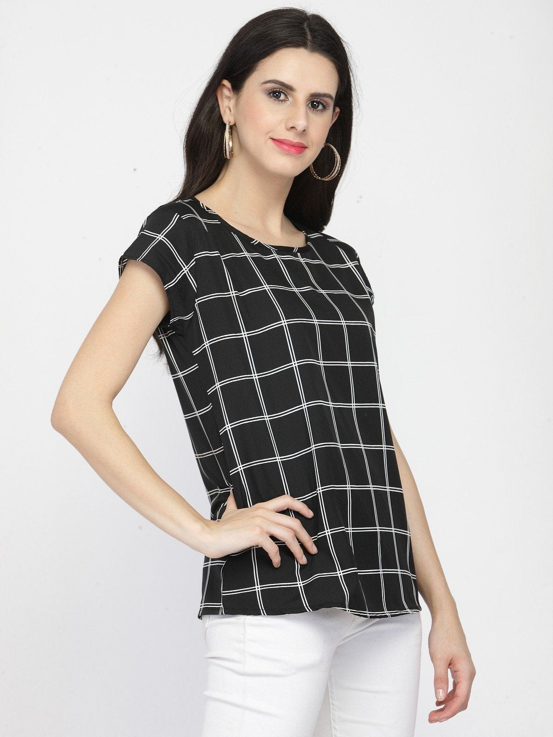 ZARVEY Casual Regular Sleeve Checkered Women Black Top