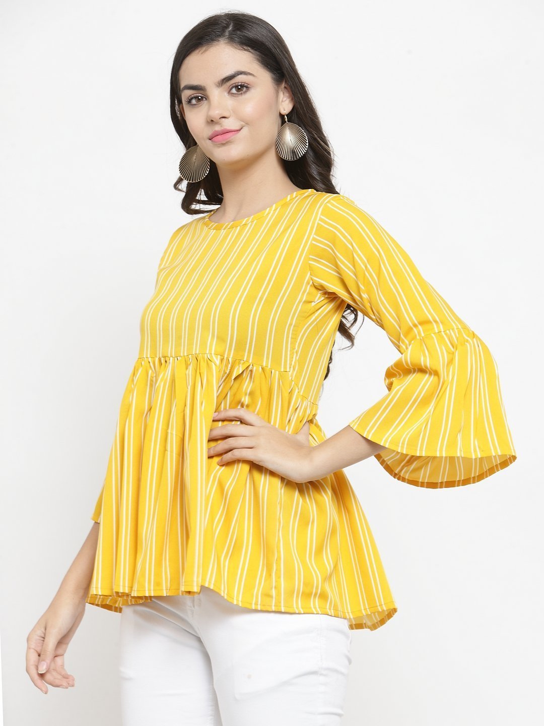 ZARVEY Casual Bell Sleeve Striped Women Yellow Top
