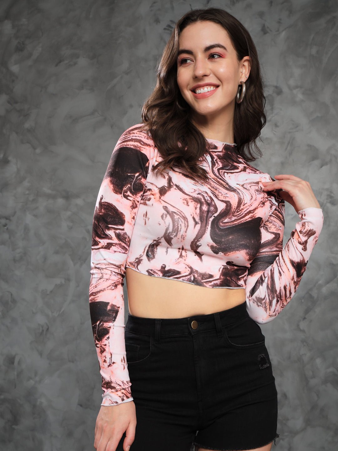 Stacked Flame Casual Full Sleeves Printed Women Multicolor Crop Top with Mandarin Collar