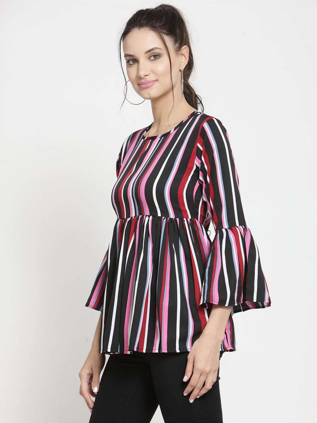 ZARVEY Casual Bell Sleeve Striped Women Multicolor Top