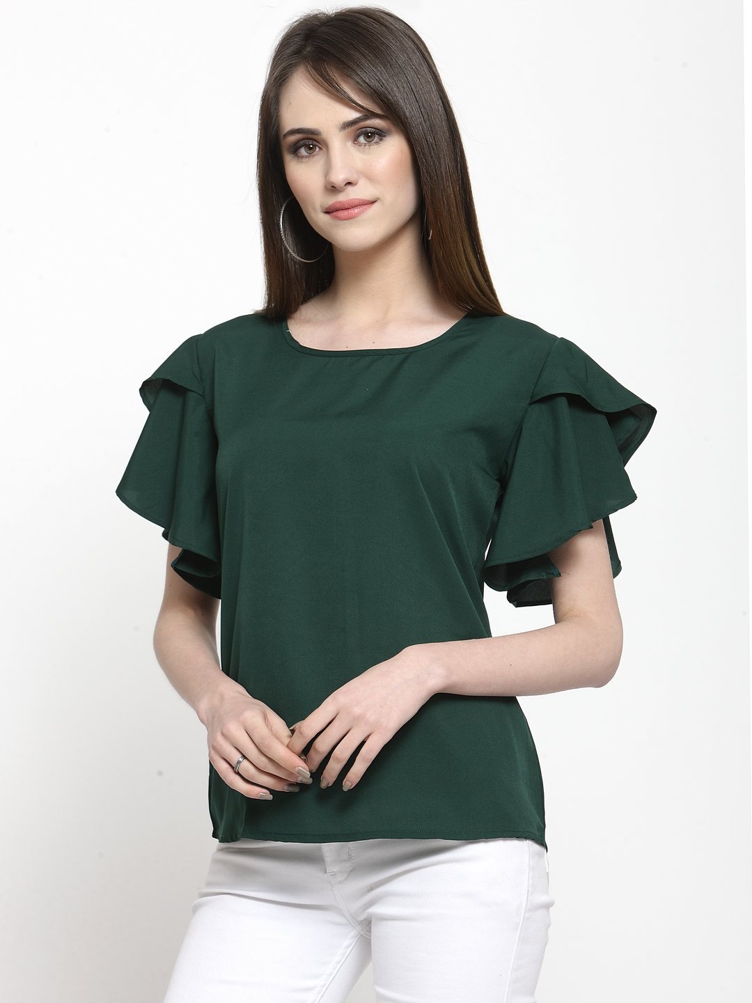 ZARVEY Casual Petal Sleeve Solid Women Dark Green Top