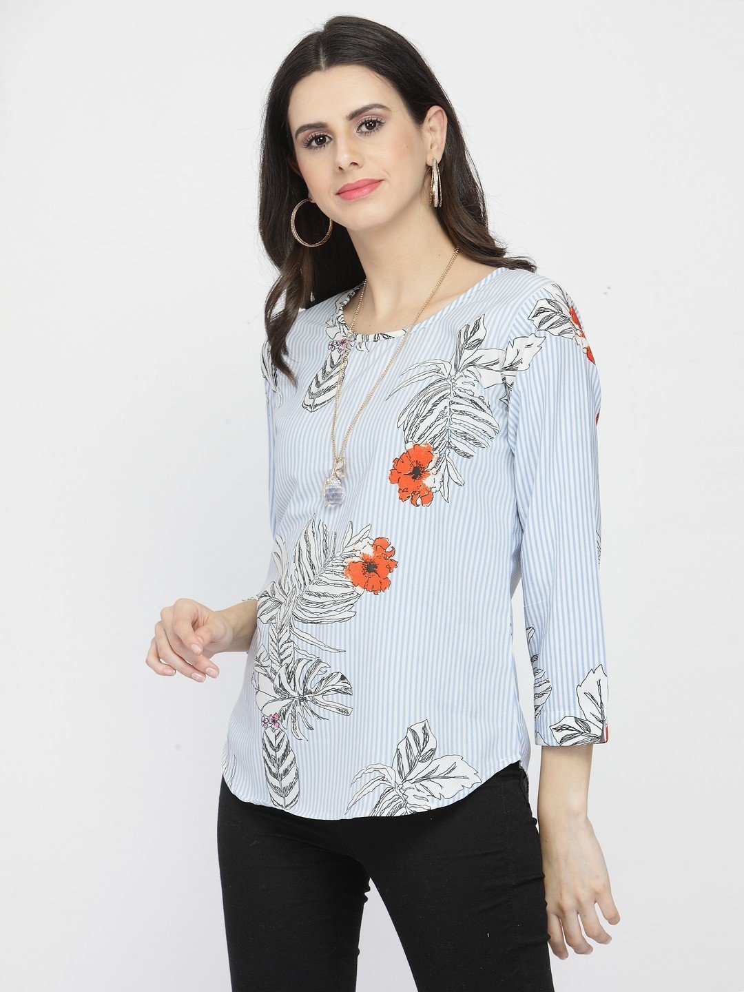 ZARVEY Casual Regular Sleeve Printed, Floral Print Women Light Blue, White Top