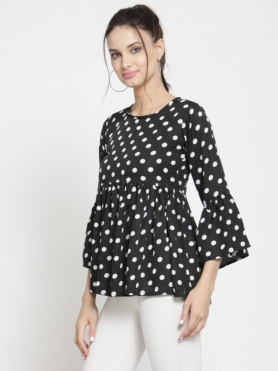 ZARVEY Casual Bell Sleeve Printed Women White, Black Top