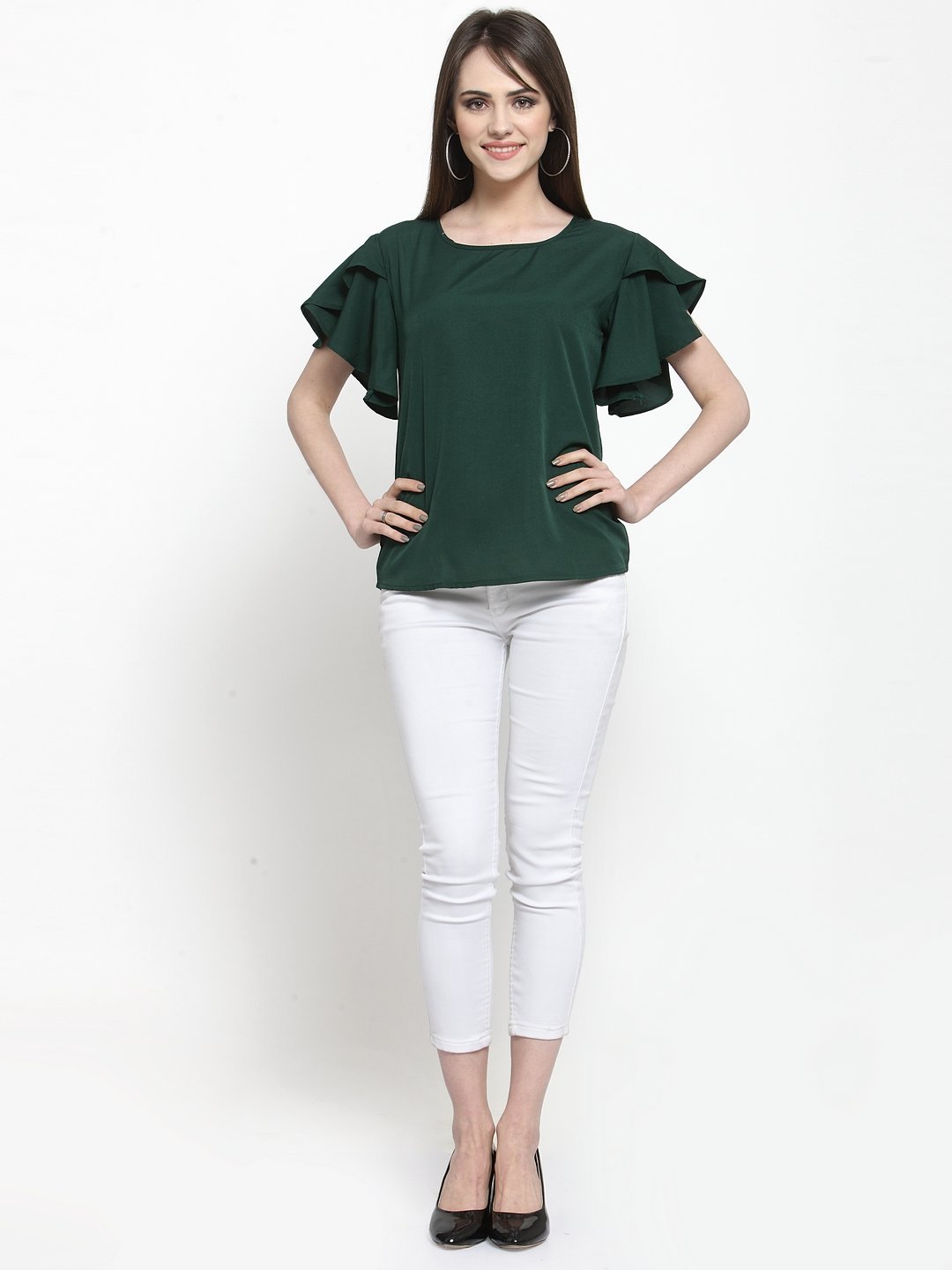 ZARVEY Casual Petal Sleeve Solid Women Dark Green Top