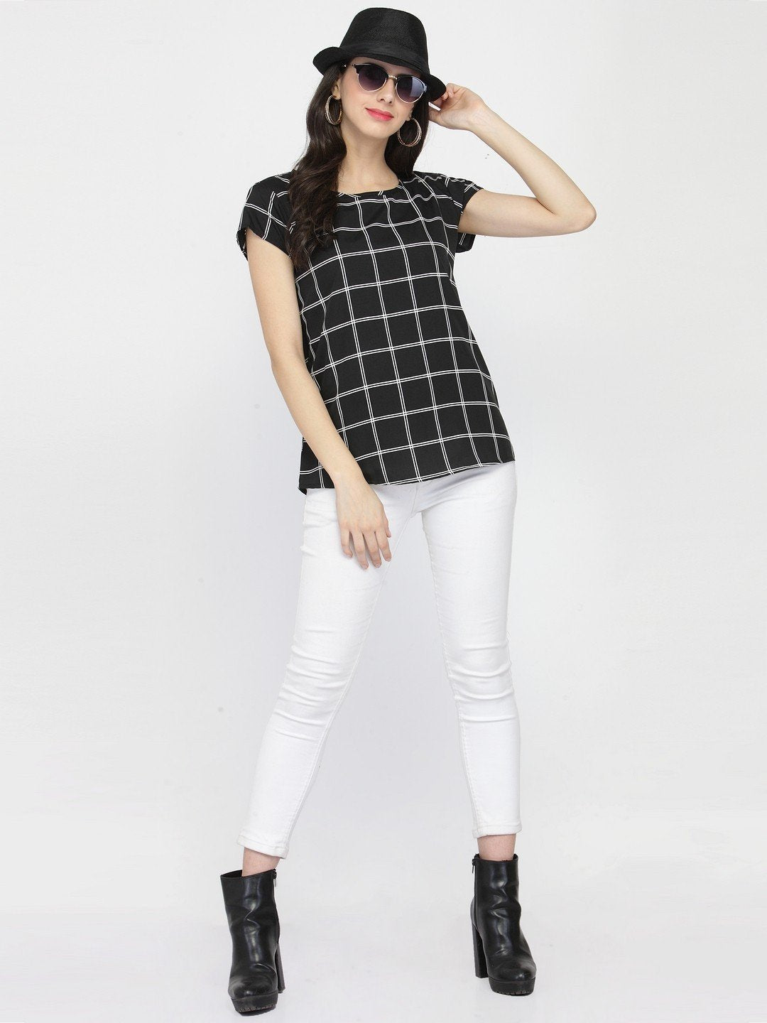 ZARVEY Casual Regular Sleeve Checkered Women Black Top