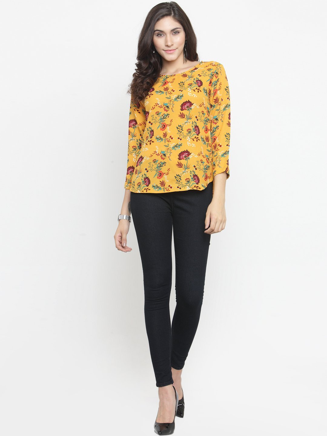 ZARVEY Casual 3/4 Sleeve Floral Print Women Multicolor Top