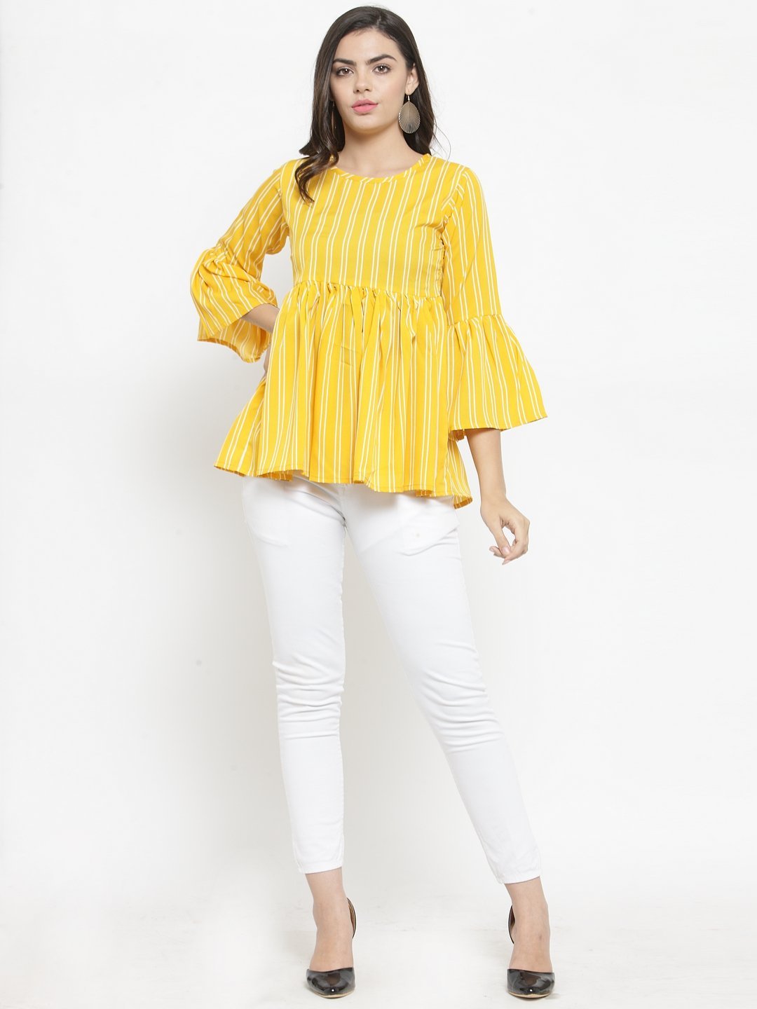 ZARVEY Casual Bell Sleeve Striped Women Yellow Top