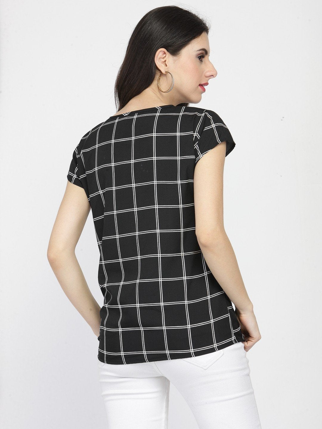 ZARVEY Casual Regular Sleeve Checkered Women Black Top