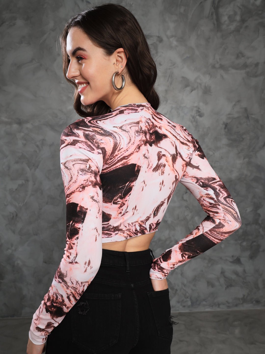 Stacked Flame Casual Full Sleeves Printed Women Multicolor Crop Top with Mandarin Collar