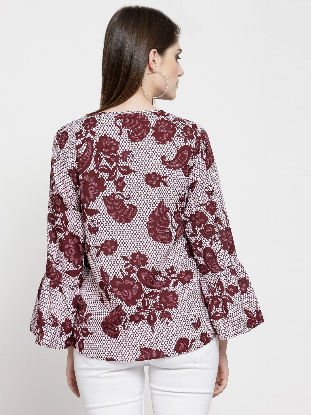 ZARVEY Casual Bell Sleeve Printed Women White, Maroon Top