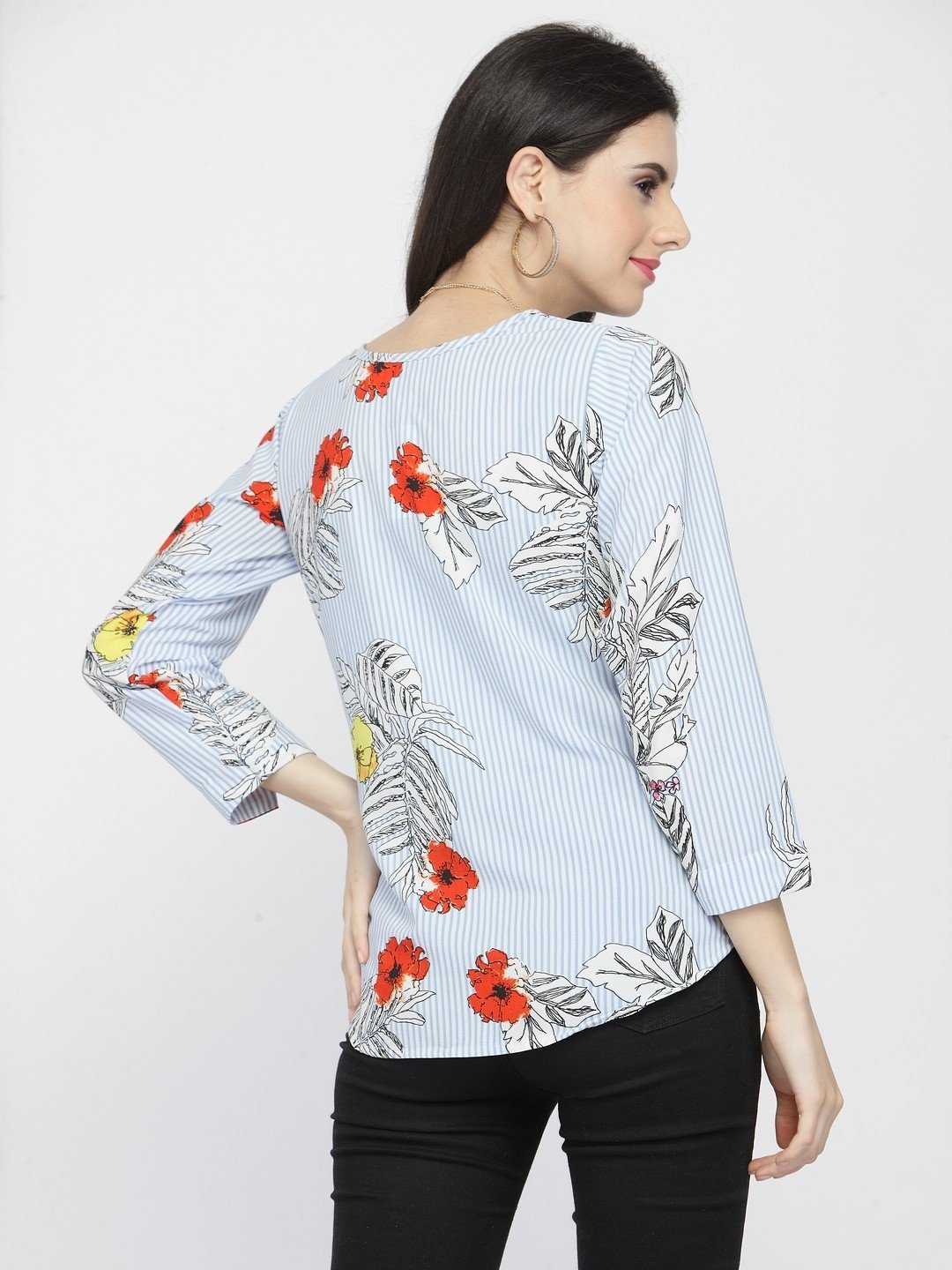ZARVEY Casual Regular Sleeve Printed, Floral Print Women Light Blue, White Top