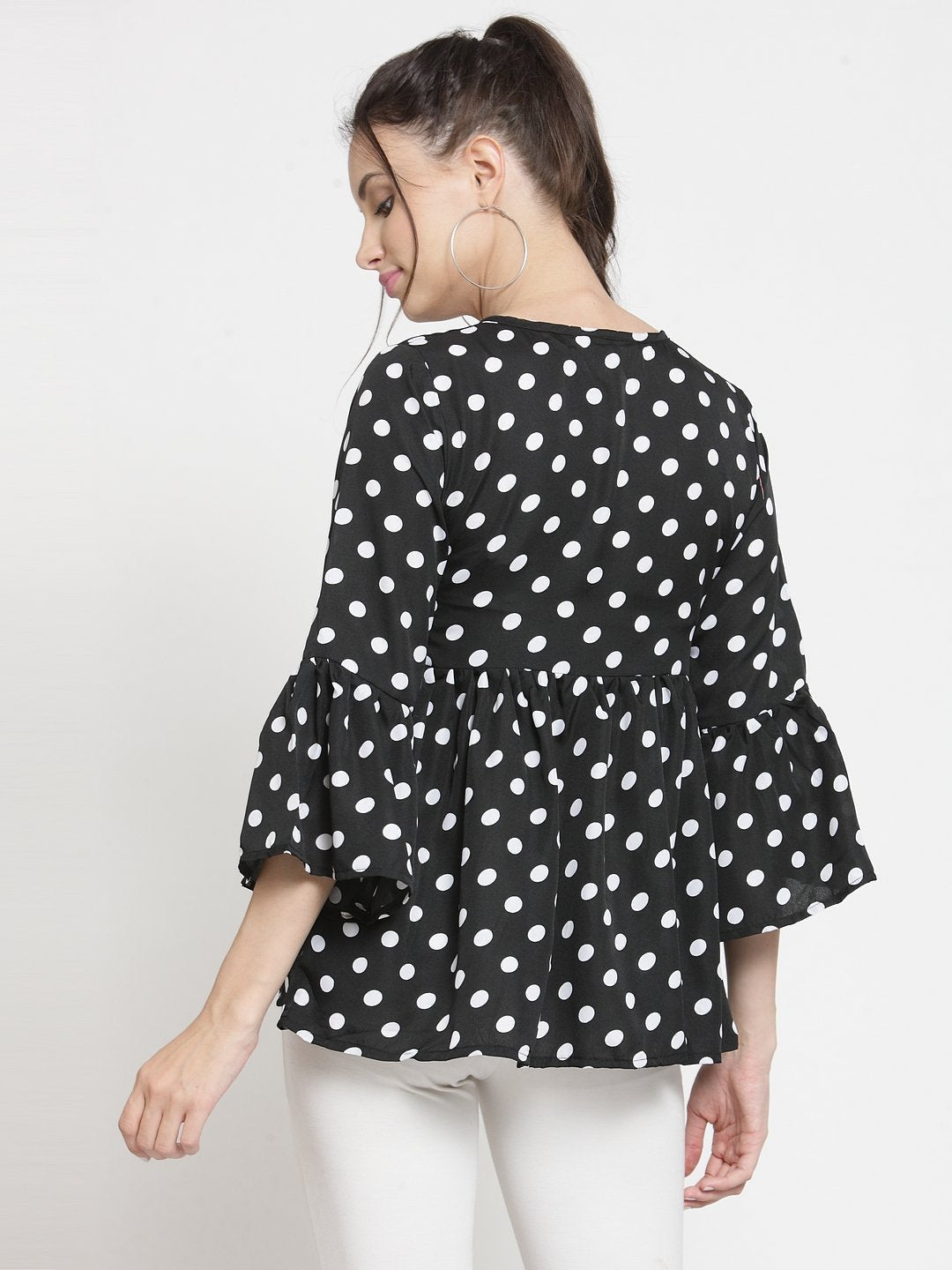 ZARVEY Casual Bell Sleeve Printed Women White, Black Top