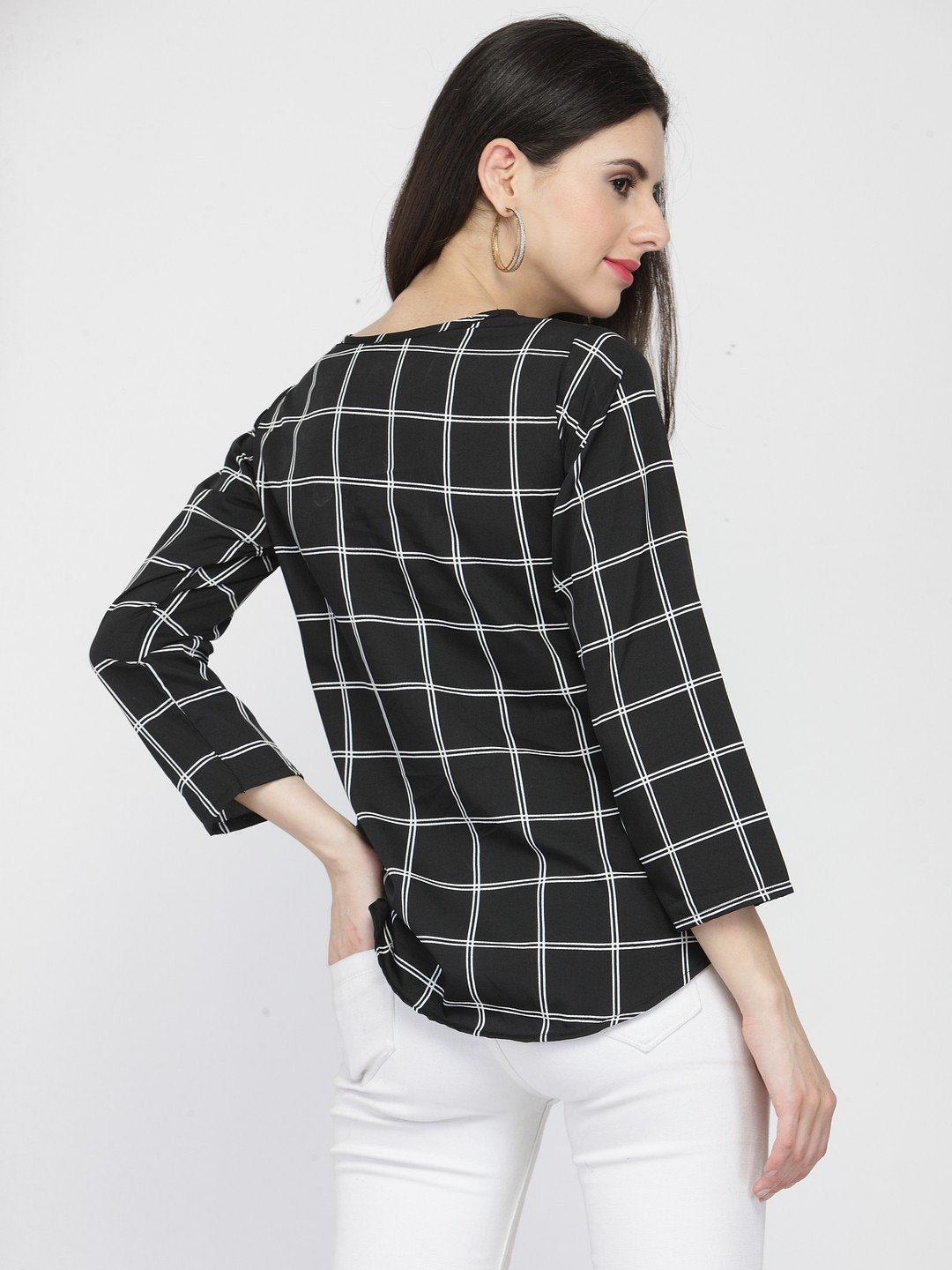 ZARVEY Casual Regular Sleeve Printed, Checkered Women Black Top