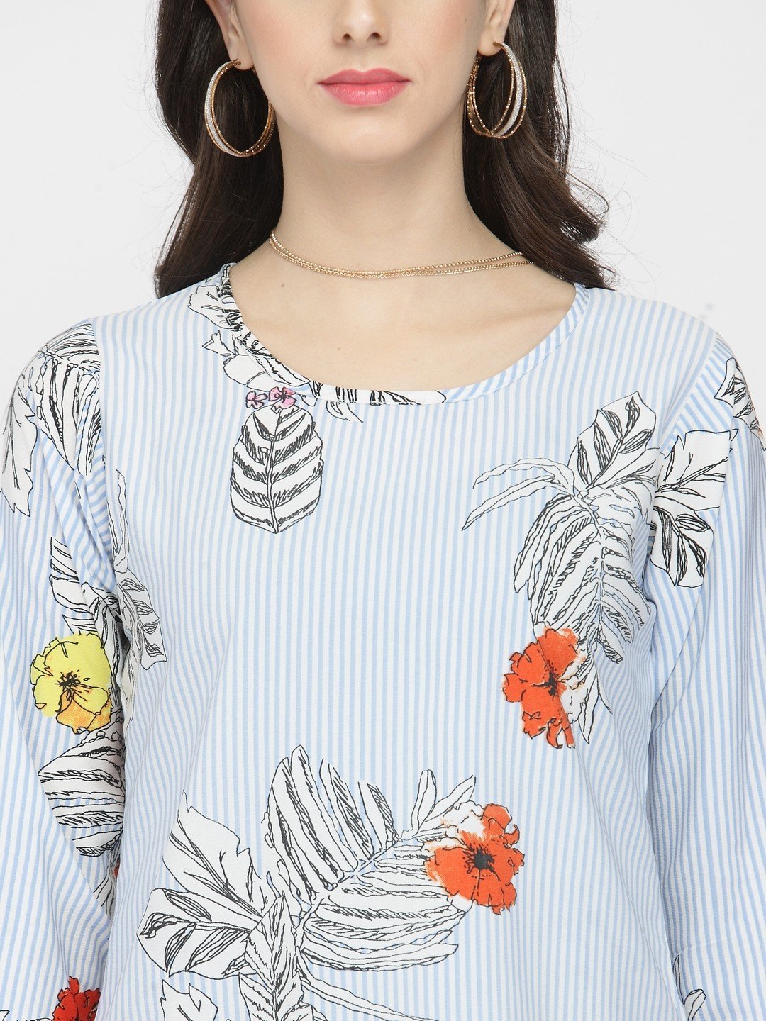 ZARVEY Casual Regular Sleeve Printed, Floral Print Women Light Blue, White Top