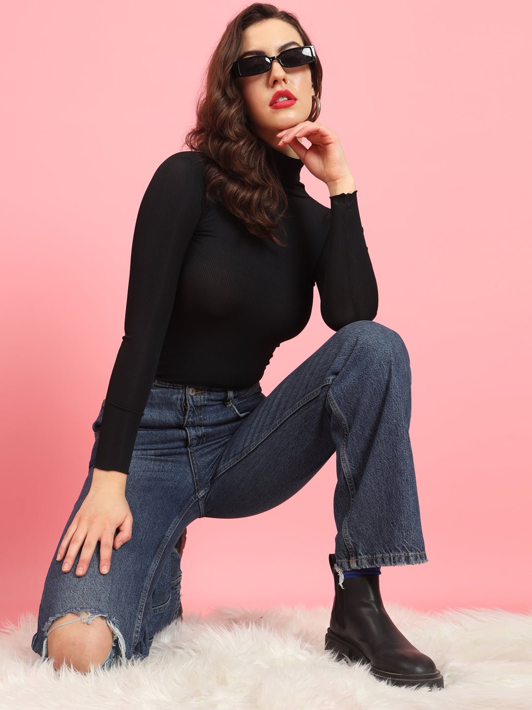 TANDUL Women Solid High Neck Black Sweater