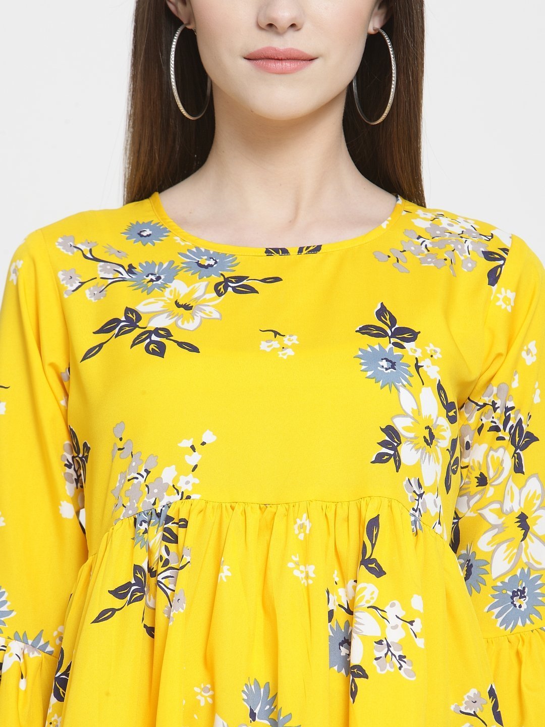 ZARVEY Casual Bell Sleeve Printed Women White, Grey, Yellow Top
