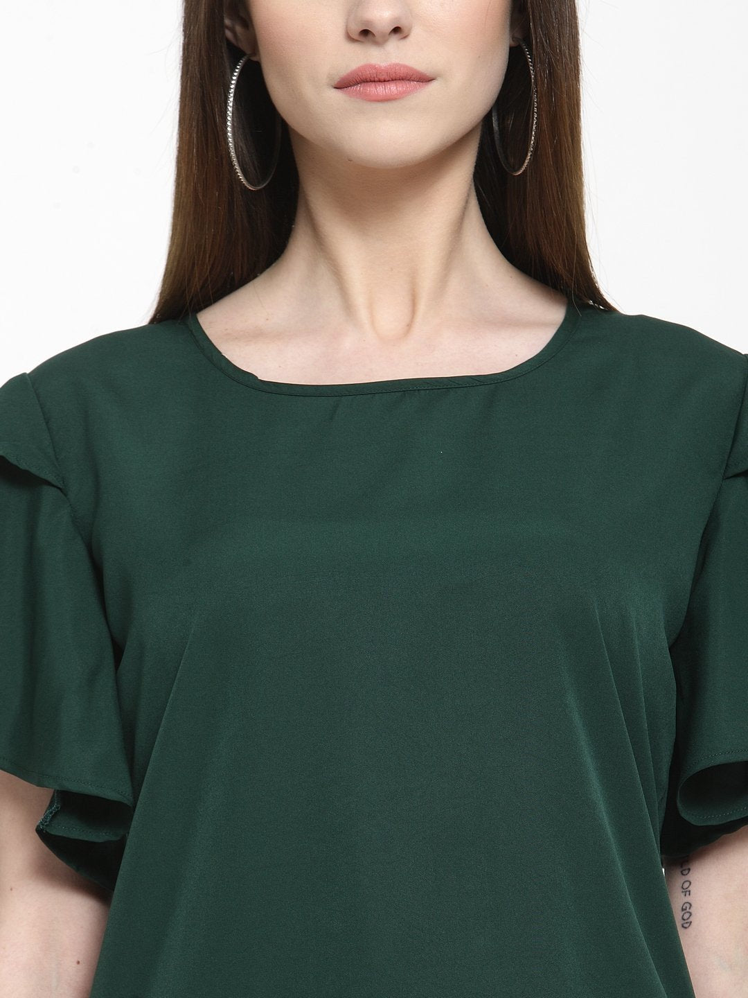 ZARVEY Casual Petal Sleeve Solid Women Dark Green Top