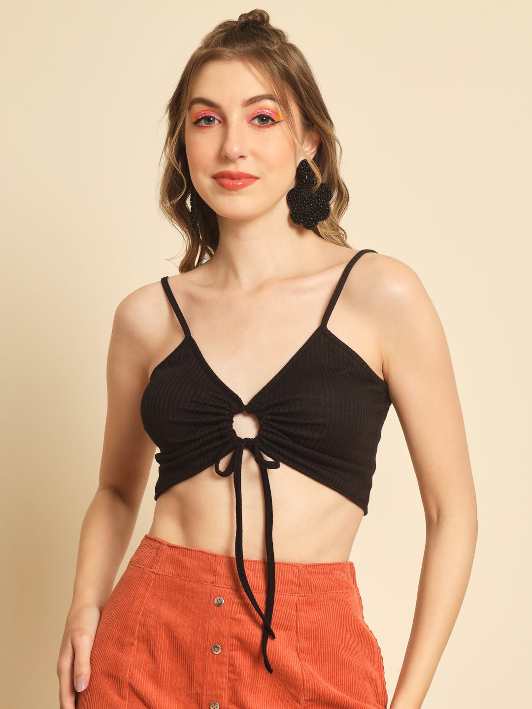 Stacked flame Casual Sleeveless Solid Women Black Top