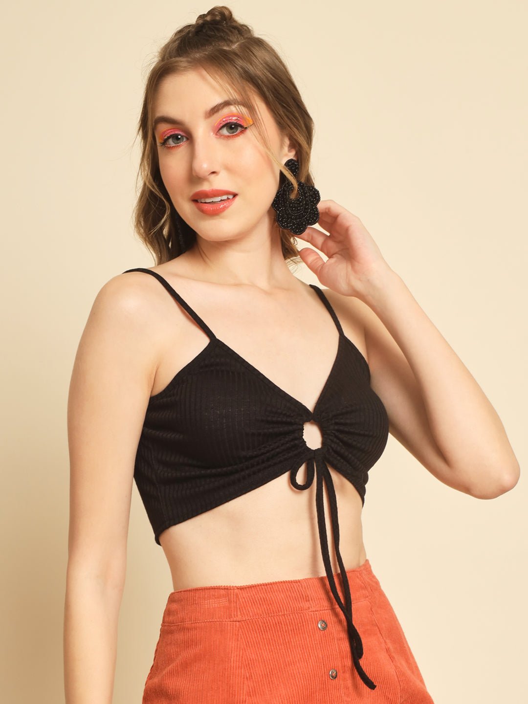 Stacked flame Casual Sleeveless Solid Women Black Top