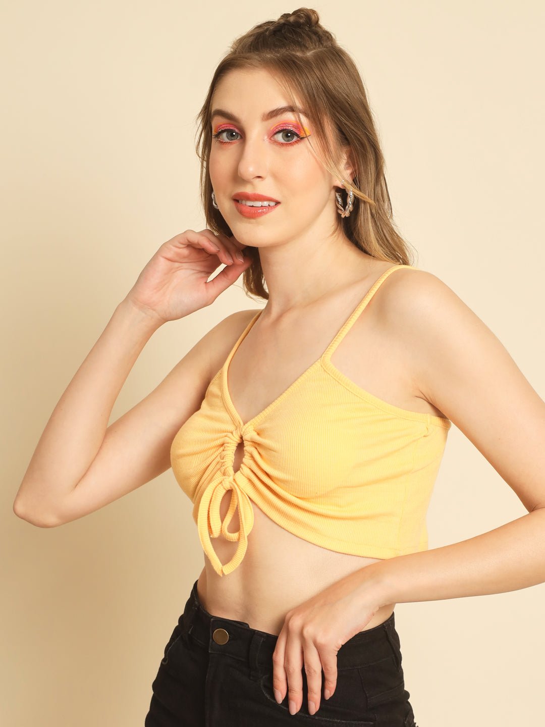 Stacked Flame Casual Sleeveless Solid Women Yellow Top