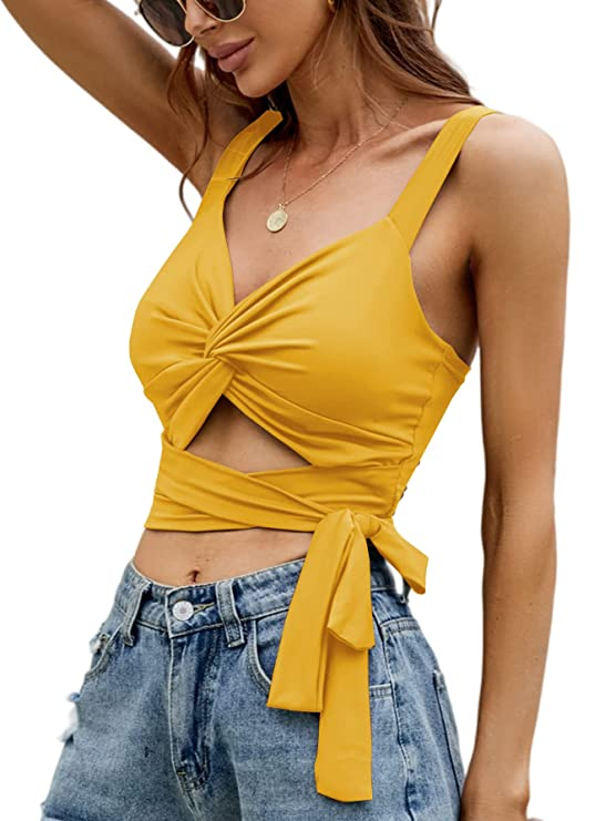 Stacked Flame Casual Sleeveless Solid Women Yellow Top