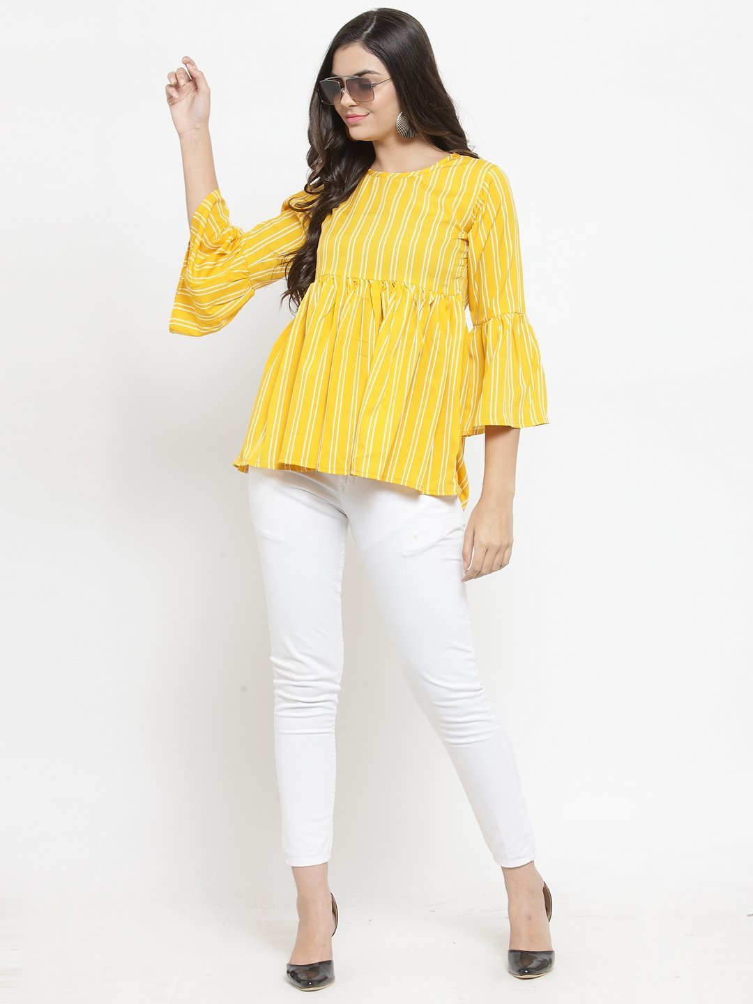 ZARVEY Casual Bell Sleeve Striped Women Yellow Top