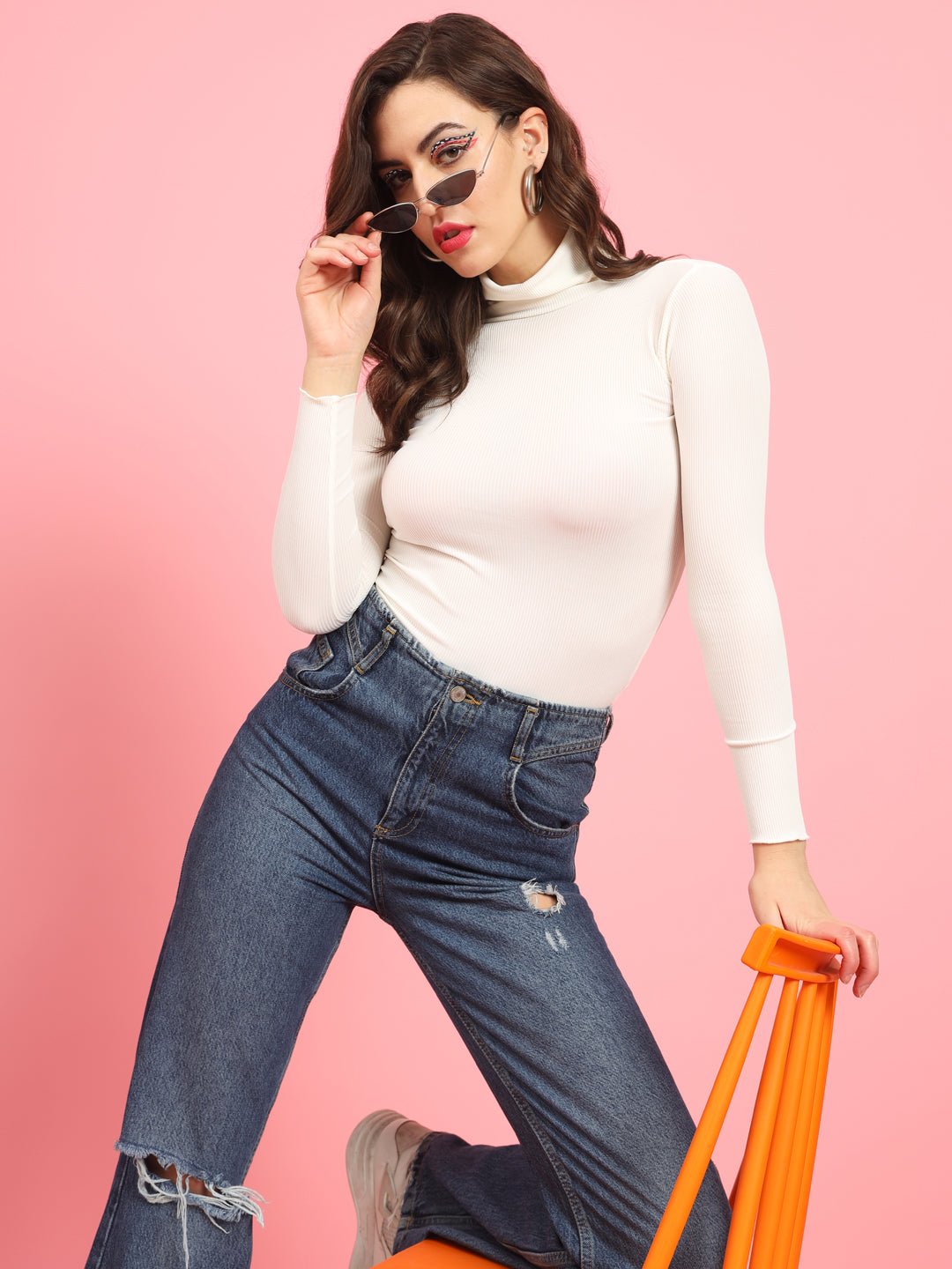 TANDUL Women Solid High Neck White Sweater