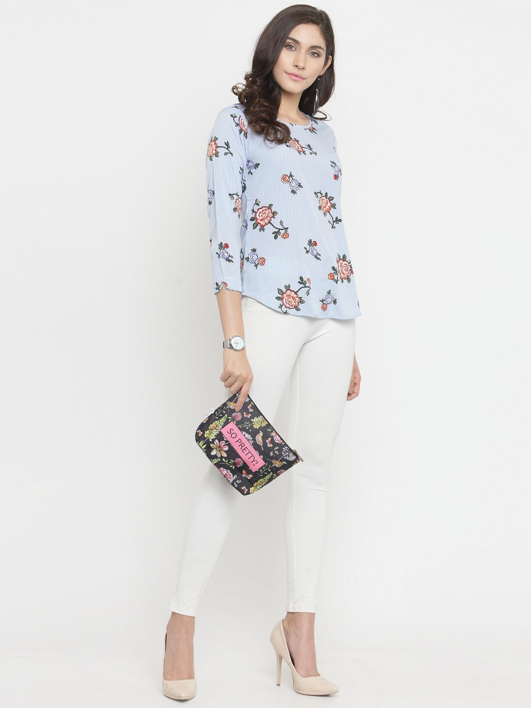 ZARVEY Casual 3/4 Sleeve Floral Print Women Multicolor Top
